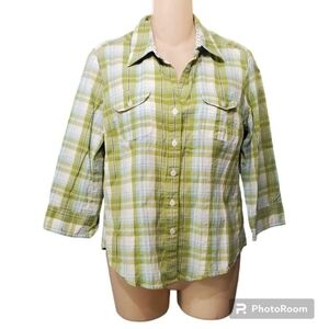 Style & Co. Petite Cotton Women's Green Blue Plaid ¾ Sleeves Buttons Down Shirt